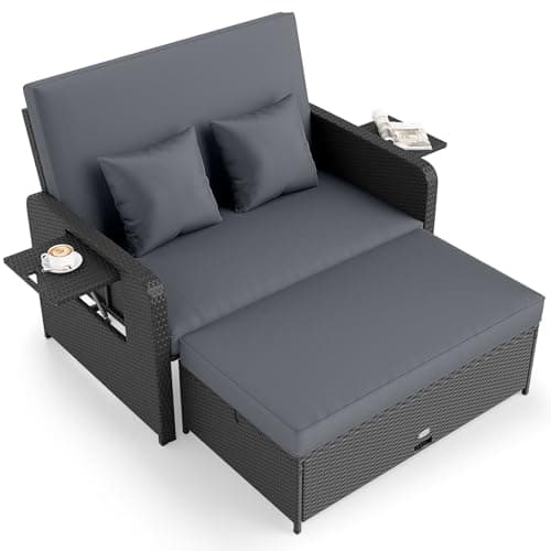 Tangkula Patio Rattan Daybed with 4-Level Adjustable Backrest, Outdoor PE Wicker Loveseat with Storage Ottoman & Folding Side Tray, Double Sunbed Lounger for Balcony, Backyard & Poolside (Grey)