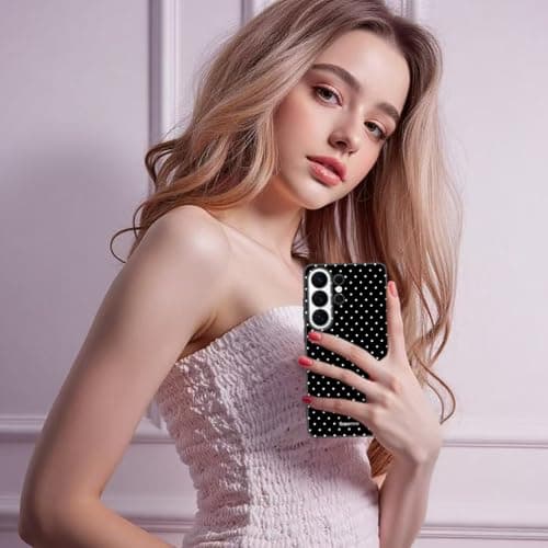 Mouzor Cute Polka Dot Phone Case for Samsung Galaxy S26 Ultra, Girly Aesthetic Design Matte Finish Soft Touch TPU Shockproof Cover for Girls Women, Black — view 4