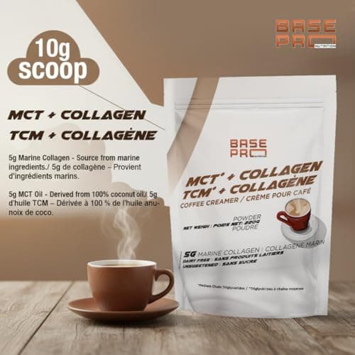 MCT Collagen Creamer | Base Pro Nutrition® | 5g Marine Collagen & 5g MCT Oil Powder | Coffee Creamer | 10g serving size | Unsweetened | 220g