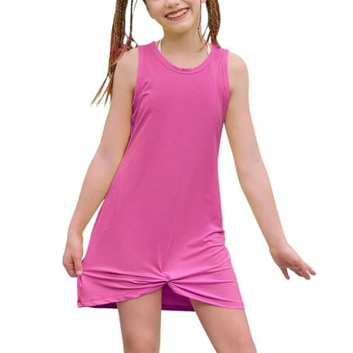 CHILDRENSTAR Girls Swim Cover Up UV Protection Sleeveless Swimsuit Coverup Beach Dress Summer Quick Dry with Pockets, Rose Red, 6-7 Years