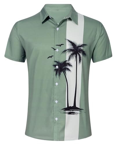 ACOCOPY Mens Shirts Green Hawaiian Casual Button Up Shirts with Short Sleeves Palm Tree Print Quick Dry Beach Shirts Size L