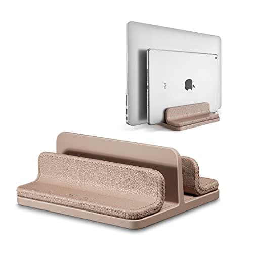 CoStySee Leather Vertical Laptop Stand,Dual Laptop Holder Stand,Laptop Organizer with Adjustable Dock (18-26mm/0.7-1 in) for All MacBook/Tablet/Surface/Dell/iPad (Apricot)