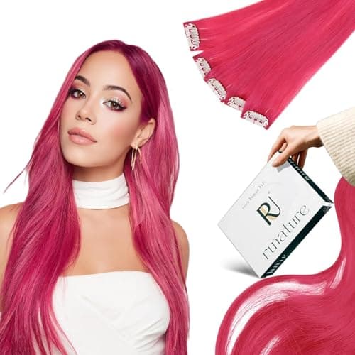 RUNATURE Clip in Hair Extensions Human Hair Color Hot Pink 16 Inch 30g 5pcs