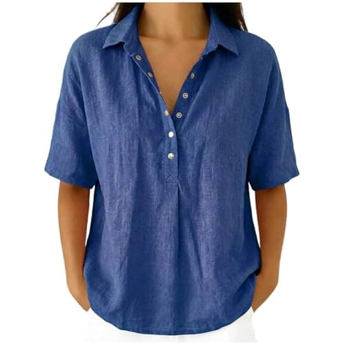 Linen Tops for Women 2026 Summer Cotton Gauze Shirts Button Down V Neck Half Sleeve Blouses Loose Fit Tunic Clothes Blue — view 4
