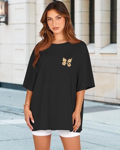 ADOREJOY Womens Oversized T-Shirt Summer Short Sleeve Tops Casual Boyfriend Shirt Loose Fit Tees(Aa Black Brown Butterfly,2XL) — view 3