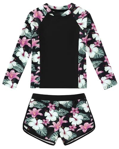 Ghteas Girls Rash Guard Swimsuit Two Piece Set Color Block Long Sleeve with Tropical Print Pattern Shorts Bathing Suit UPF 50+ Sun Protection Swim Suits for Girl 11-12 Black