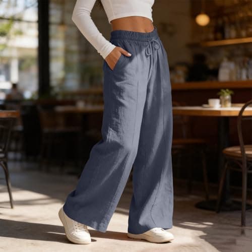 Rseomihvy Women's Cotton Linen Pants Summer Straight Wide Leg Trousers Drawstring Elastic Waist Loose Beach Vacation Outfits Dark Gray — view 2