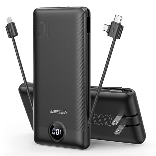 VEGER Portable Charger with Built in Cables&Wall Plug, 10000mAh Power Bank