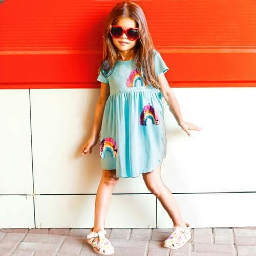 Winzik Toddler Summer Dress, Little Girls Short Sleeve Cotton Casual Dresses Unicorn Easter Clothes 2-8 Years (2-3T, Rainbow Green) — view 3