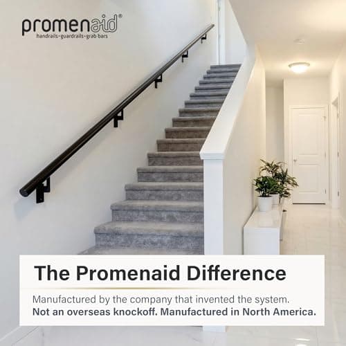 Promenaid Satin Black 7ft Flush Handrail Kit - Indoor/Outdoor Stair Handrail - Modern 1.6" Round Satin-Anodized Aluminum Railing with 3 Satin Black Painted Pivoting Wall Brackets & Flush Endcaps — view 7