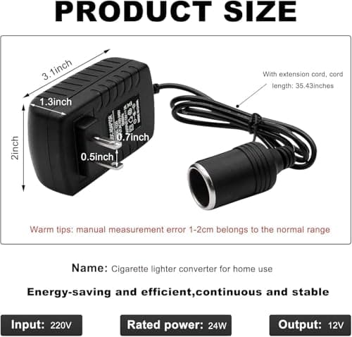 XIBETEO AC to DC Converter Car Cigarette Lighter Socket Adapter,110-240V to 12V 2A Power Adapter for MP3/MP4, Dash Cam, Fan, Air Purifier Low Power Car Devices12V 2A 24W