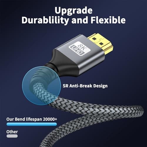 looyotul 8k Hdmi Cable 6.6ft Ultra High Speed HDMI 2.1 Cable 8K@60HZ 4K@120HZ 48Gbps HDMI Cord for HDTV,PS4,PS5,Monitor Laptop,Xbox,HDCP 2.2&2.3 Support HDR,eARC,Dolby.(Silvery) — view 3