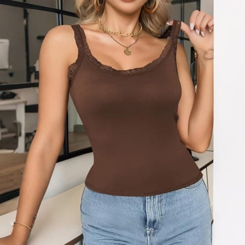 Women's Padded Square Neck Tank Tops Lace Summer Double Layer Sleeveless Tank Shirts Basic Going Out Clothes — view 2