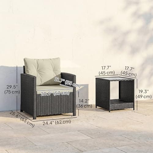Outsunny 3 Piece Wicker Patio Furniture Set, PE Rattan Outdoor Bistro Set with Armchairs, 2-Tier Glass-Top Table, Cushions, Outdoor Conversation Furniture for Porch Balcony, Beige — view 6