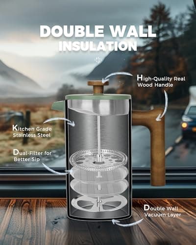 POLIVIAR French Press Coffee Maker, 34 oz Coffee Press with Real Wood Handle, Double Wall Insulation & Dual-Filter Screen, Food Grade Stainless Steel for Good Coffe and Tea (Flatland) — view 5
