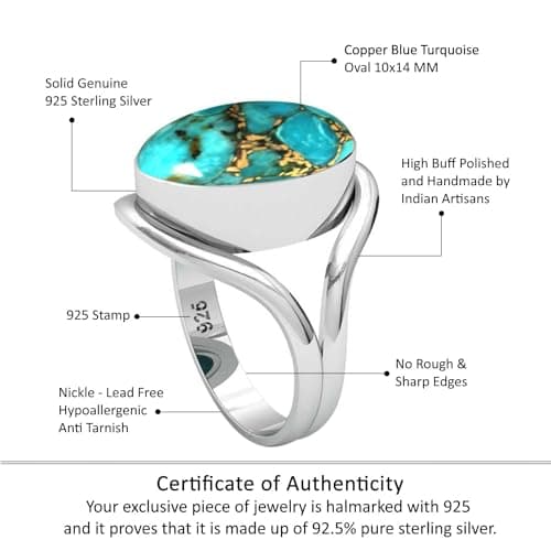 JEWELOPORIUM Copper Blue Turquoise Silver Ring Size 7, 925 Sterling Silver Ring for Women, Oval Gemstone Handmade Jewelry — view 3