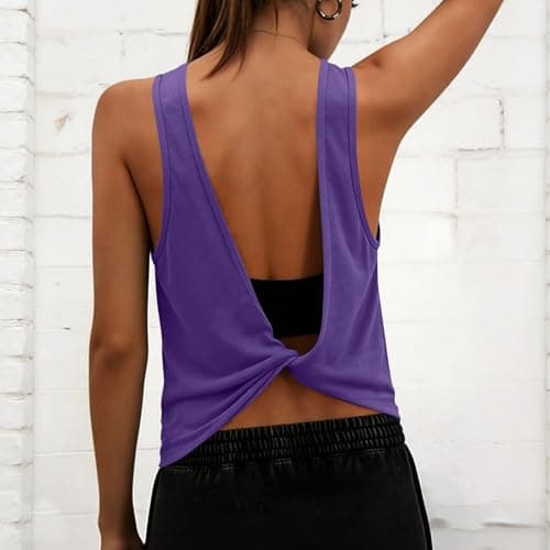 Tank Tops for Women Open Back Athletic Workout Yoga Top Sleeveless Backless Summer Slim Basic Cami Shirts 2026 Long Tank Top for Women Purple L