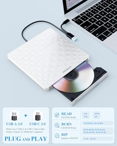ORIGBELIE External CD/DVD Drive for Laptop, Ultra Slim 13mm USB 3.0 Type-C Portable DVD Player CD Burner Reader Writer Recorder for Desktop PC Windows 11/10/8/7 Linux Mac OS, White — view 4