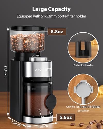 Aromaster Burr Coffee Grinder, Electric Coffee Bean Grinder for Home Use, 25 Grind Settings, Adjustable 2-12 Cups Timer,3-Ears Portafilter Holder, Anti-Static Design, Cleaning Brush, Black — view 4