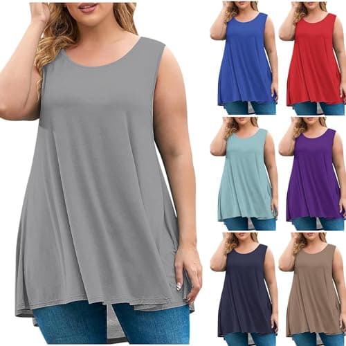 Womens Plus Size Tunic Tops Loose Fit Summer Casual Shirts Sleeveless Crewneck Flowy Blouses Wide Strap Camisole Blue — view 5
