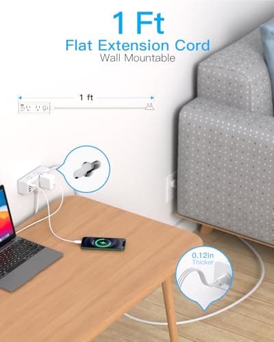 1Ft Extension Cord with Multiple Outlets, Flat Plug Power Strip Surge Protector with 1 Ft Cord, 6 Outlet 4 USB Ports (2 USB C), Multi Outlet Wall Plug for Travel, College, Dorm Room Essentials(White)