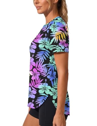 LOMON Cooling Workout Shirts for Women Short Sleeve Athletic Tops Quick Dry Moisture Wicking UV Sun Protection Hiking Gym Tee Floral Print 1, Large