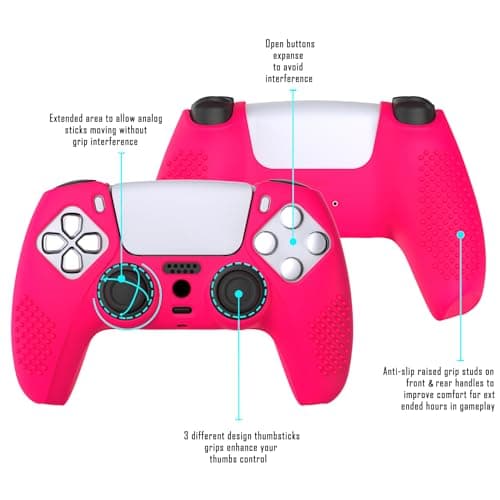 eXtremeRate PlayVital 3D Studded Edition Anti-Slip Silicone Cover Skin for ps5 Controller, Soft Rubber Case Protector for ps5 Wireless Controller with 6 Black Thumb Grip Caps - Bright Pink — view 3