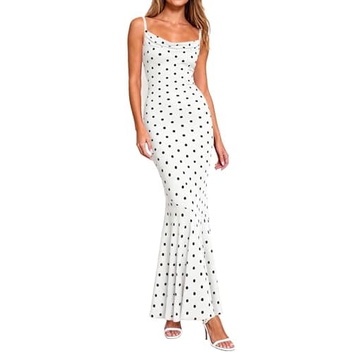 Womens Summer Dresses Polka Dot Spaghetti Strap Cowl Neck Bodycon Wedding Guest Cocktail Mermaid Maxi Dress Vacation White-M
