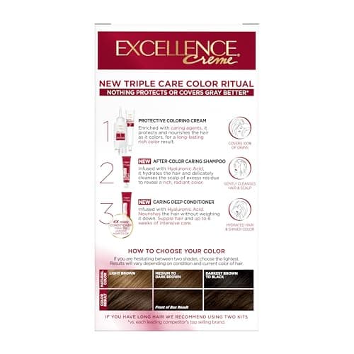 L'Oreal Paris Excellence Crème Permanent Hair Dye, Triple Care Hair Color with Hyaluronic Acid for 100% Gray Coverage, 4 Dark Brown, 1 Kit (Packaging May Vary) — view 9