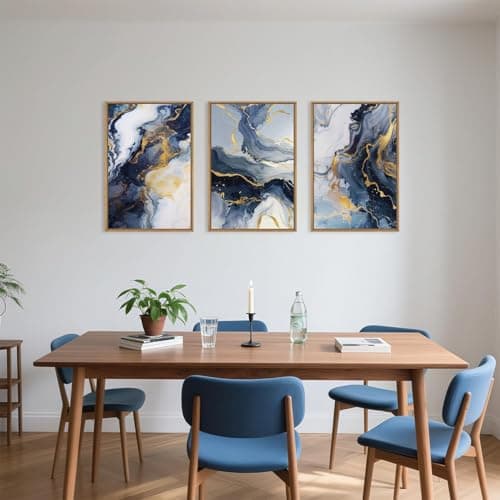 HPNIUB Navy Blue and Gold Framed Canvas Wall Art Set,Mid-Century Modern Abstract Wall Decor,Navy Blue Ink Wash Painting,Neutral Art Print for Living Room,Bedroom,Dining Room,Office - 24"x36"x3 — view 3