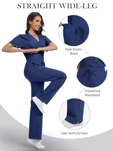 Tapata Wide Leg Scrub Pants for Women - 28/30/32/34 Inseam High Rise Straight Leg Yoga Scrub Uniform Pants with 7 Pockets, 32", X-Large, Navy Blue — view 5