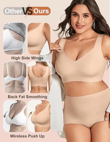 Showyoo Jelly Bras for Women No Underwire Pullover Wireless Bra Full Coverage Seamless Bralettes T Shirt Wide Straps Sleep Everyday Sports Bras Nude XL — view 2
