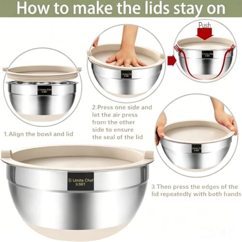 Umite Chef Mixing Bowls with Airtight Lids 6 Piece Stainless Steel Metal Nesting Storage Bowls, Non-Slip Bottoms Size 7, 3.5, 2.5, 2.0,1.5, 1QT, Great for Mixing & Serving (Khaki} — view 4