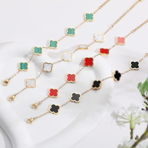 AIPPK 18K Gold Plated Clover Lucky Bracelet for Women White/Black/Red/Green Flower Four Leaf Link Bracelets Trendy Jewelry Gifts for Women (White) — view 4