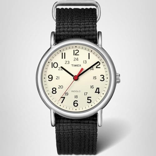 Timex Unisex Weekender 38mm Watch – Silver-Tone Case Cream Dial with Black Fabric Slip-Thru Strap — view 2
