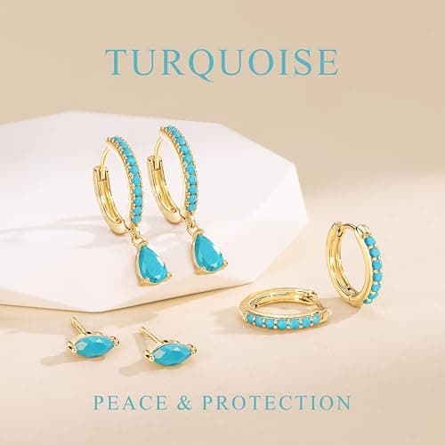 GoldGifts Turquoise Earrings - Western Beachy Boho Jewelry Gift, Hypoallergenic 14K Gold Plated Small Huggie Hoop Set for Women, Dainty Lightweight Trendy Stack Dangle Studs for Cartilage Helix — view 2