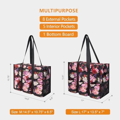 TOPDesign Utility Water Resistant Tote Bag with 13 Pockets, Top Zipper Closure & Thick Bottom Support, for Working Women, Ranunculus, Large, Classic