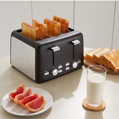 Amazon Basics 4 Slice Toaster, 7 Browning Settings, Extra Wide Slots for Bagels and Specialty Breads, Removable Crumb Tray, Cancel/Defrost/Bagel Buttons, 1500W, Black & Silver — view 5