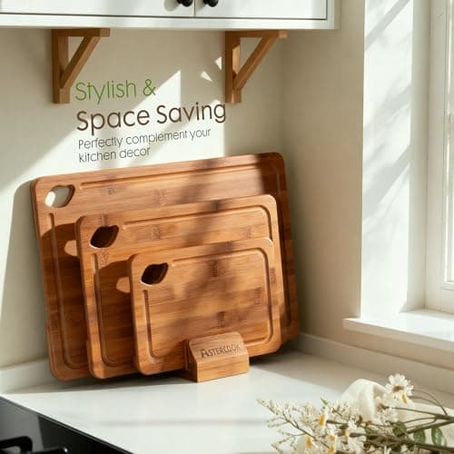 Astercook Deep-Carbonized Bamboo Cutting Boards for Kitchen with Wood Storage Stand, Reversible Charcuterie & Chopping Boards with Juice Grooves and Easy-Grip Handles, Fathers Day Gift for Men — view 4