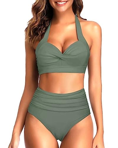 Tempt Me Women Two Piece Vintage Swimsuit Retro Halter Ruched High Waist Bikini with Bottom, Olive Green, S