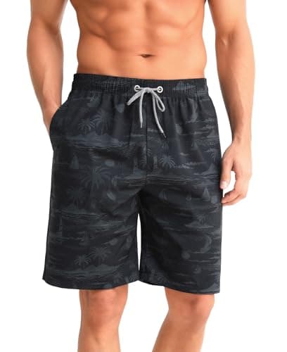 ELETOP Men's 9 Inch Quick Dry Swim Trunks 4 Way Stretch Swim Shorts Beach Men's Bathing Suit Swimwear with Mesh Lining Charcoal Palm Print XL