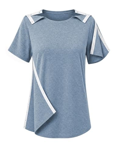 DOSWODE Post Shoulder Surgery Shirts for Women Tear Away Side Snap Short Sleeve Chemo Port Shirts Adaptive Clothing, Light Blue, Medium