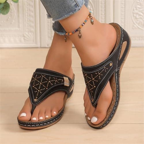 Orthopedic Sandals for Women 2026 Dressy Casual Ladies Spring Summer Cute Boho Comfy Arch Support Flats Flip Flops Seniors Comfortable Beach Vacation Outdoor Platform Wedge Sandals Shoes Black 8 — view 2