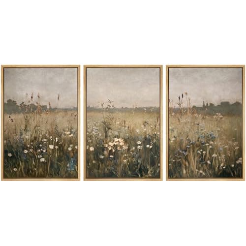 SIGNWIN Framed Canvas Print Wall Art Set Wildflower Meadow Rustic Floral Field Landscape Illustrations Modern Art Decorative Rustic Calm/Zen for Living Room, Bedroom, Office - 24"x36"x3 Natural