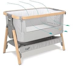 Tutti Bambini CoZee® 2-in-1 Baby Bassinet & Bedside Sleeper - Fast-Folding Bedside Bassinet, Baby Crib with 6 Mattress Heights & Breathable Mesh Window, Mattress Included, 0-6 Months (Silver & Oak)