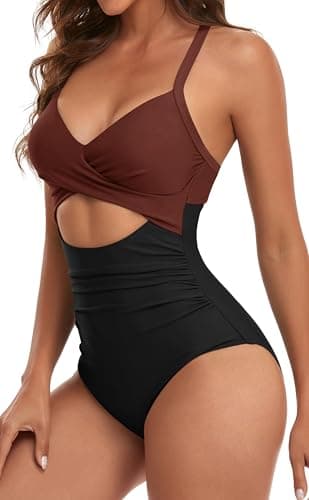 Eomenie Women's One Piece Swimsuits Tummy Control Cutout High Waisted Bathing Suit Wrap Tie Back 1 Piece Swimsuit Caramel, Black — view 2