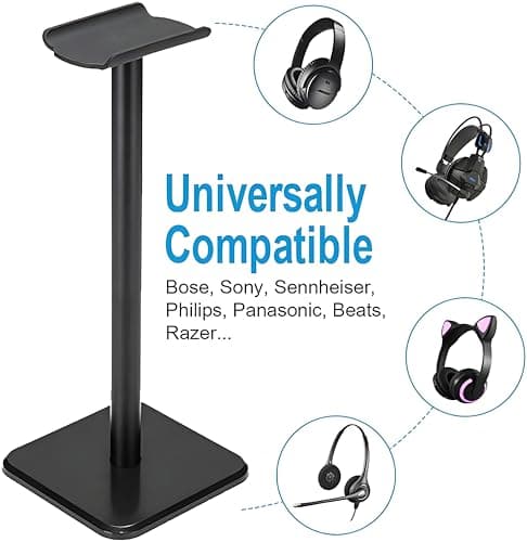 Headphone Stand, Universal Aluminum Metal Holder for AirPods Max, HyperX Cloud II, Xbox One, Turtle Beach, Sennheiser, Sony, Bose, Beats PC Gaming Headset Display & Bluetooth Headphones (Black) — view 5