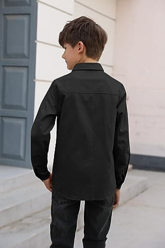 Haloumoning Boys' Long Sleeve Dress Shirts Classic Collared Button-Down Tshirt Solid Cotton Top with Chest Pocket, Black, 8-9 Years