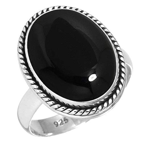JEWELOPORIUM Black Onyx Silver Ring Size 7, 925 Sterling Silver Ring for Women, Genuine Chunky Oval Gemstone Handmade Jewelry