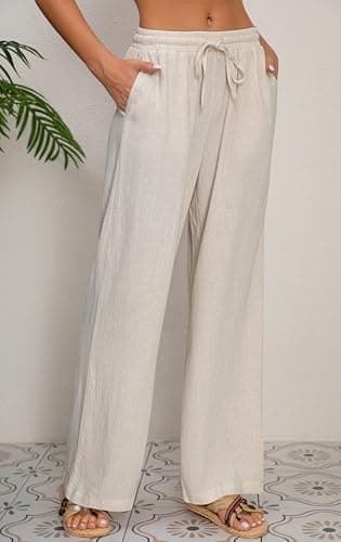 AISEW Women's Cotton Linen Palazzo Pants Drawstring Elastic Waist Casual Wide Leg Long Lounge Trousers with Pockets (Beige, 7031M) — view 2